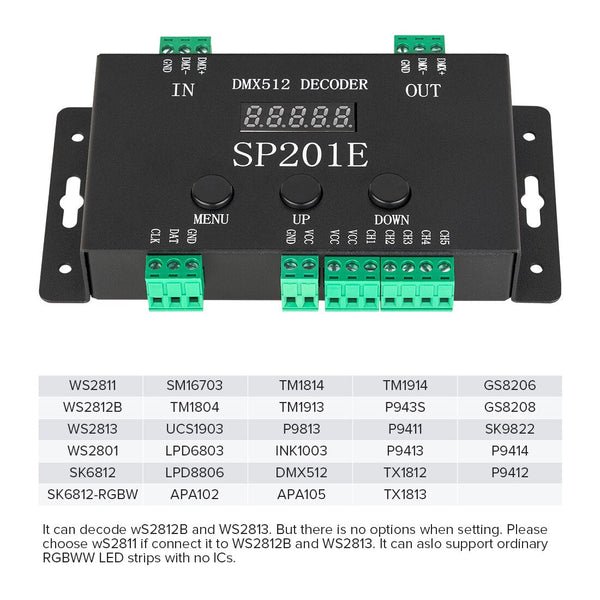 SP201E DMX512 LED Decoder 5CH PWM SPI SK9822 WS2812B WS2811 5050 RGB RGBW CCT FCOB DC5V-24V