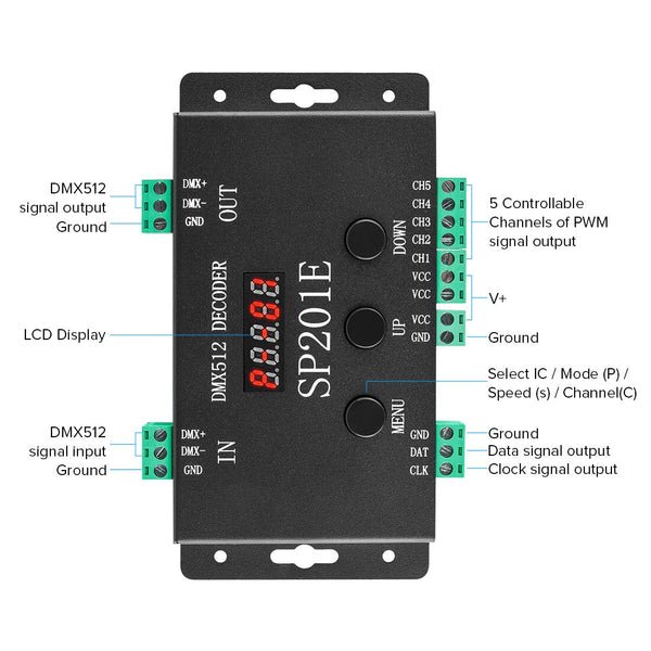 SP201E DMX512 LED Decoder 5CH PWM SPI SK9822 WS2812B WS2811 5050 RGB RGBW CCT FCOB DC5V-24V